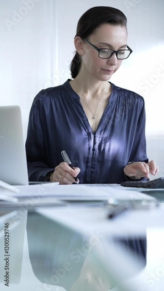 Fototapeta Professional woman accountant in glasses using a calculator and taking notes at a glass desk in the office. Audit and taxes in business