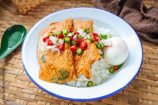 Fototapeta Grilled fish with curry paste with  boiled egg and rice topped with thai chili fish sauce,  thai called Ho mok	
