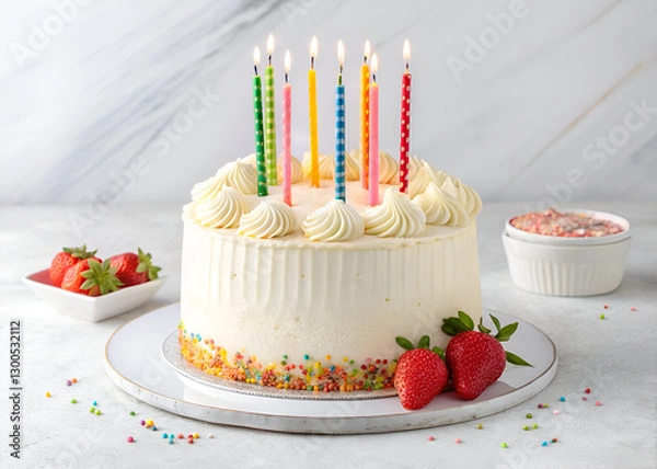 Fototapeta A delicious frosted birthday cake with vibrant lit candles, ideal for greeting cards, bakery branding, and celebration themes. White background