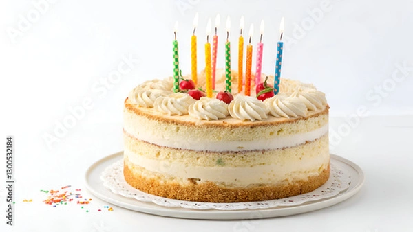 Fototapeta A delicious frosted birthday cake with vibrant lit candles, ideal for greeting cards, bakery branding, and celebration themes. White background