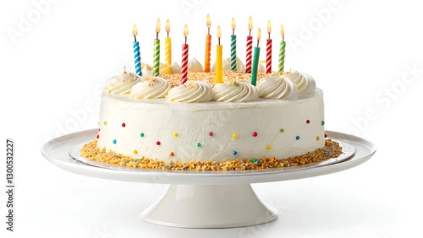 Obraz A delicious frosted birthday cake with vibrant lit candles, ideal for greeting cards, bakery branding, and celebration themes. White background