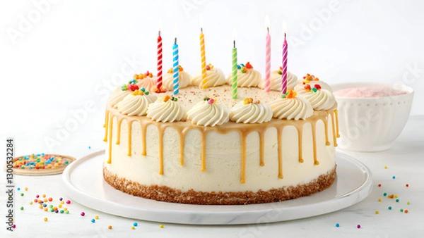 Obraz A delicious frosted birthday cake with vibrant lit candles, ideal for greeting cards, bakery branding, and celebration themes. White background