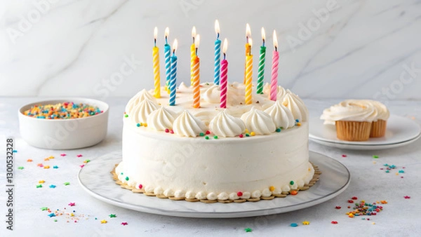 Obraz A delicious frosted birthday cake with vibrant lit candles, ideal for greeting cards, bakery branding, and celebration themes. White background