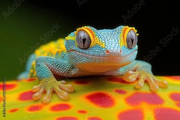 Fototapeta a detailed macro photograph of an emerald day gecko perfectly camouflaged against a vibrant tropical leaf showing intricate scales and patterns