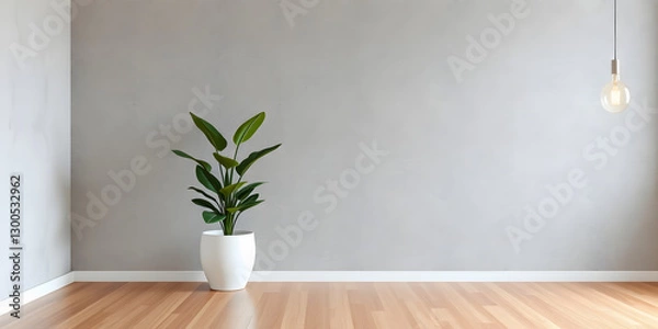 Obraz minimalist mockup of a white wall adorned with a vibrant green plant on a polished wood floor,split-color background wall creating a lively and cheerful atmosphere of modern interior design.