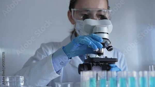 Fototapeta Scientist woman, wearing a lab coat, mask, blue gloves and safety glasses, is adjusting a microscope surrounded by test tubes in laboratory. Medicine and science concept