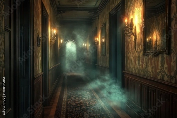 Fototapeta a dimly lit victorian hallway with antique mirrors mysterious shadows and ethereal mist creeping along ornate wallpaper
