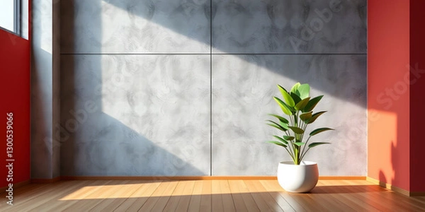 Obraz minimalist mockup of a white wall adorned with a vibrant green plant on a polished wood floor,split-color background wall creating a lively and cheerful atmosphere of modern interior design.