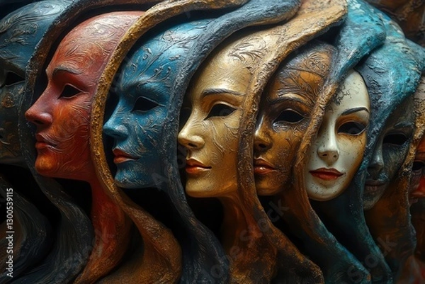 Fototapeta a dramatic portrait of a theatrical mask collection arranged in spiral formation with contrasting light and shadow each mask expressing different emotions and personalities