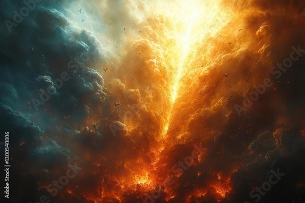 Fototapeta a dramatic vertical composition split between a luminous celestial realm with golden light and floating angels above and a dark underworld with fire and shadowy figures below
