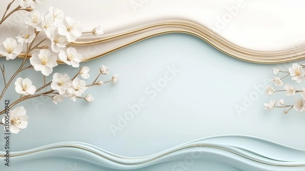 Obraz Elegant floral background with delicate white blossom and smooth pastel waves, creating a serene and calming atmosphere.