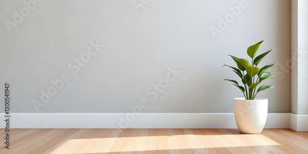 Obraz minimalist mockup of a white wall adorned with a vibrant green plant on a polished wood floor,split-color background wall creating a lively and cheerful atmosphere of modern interior design.
