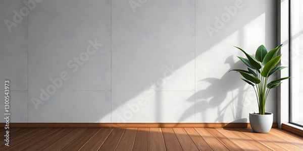 Obraz minimalist mockup of a white wall adorned with a vibrant green plant on a polished wood floor,split-color background wall creating a lively and cheerful atmosphere of modern interior design.