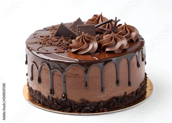 Fototapeta A rich, decadent chocolate cake made with dark Belgian chocolate, covered in ganache cream and dripping with a glossy glaze, isolated on a white background.