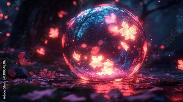Fototapeta Glowing Sphere With Illuminated Cherry Blossoms In Dark Forest
