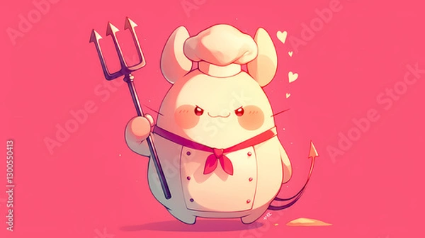 Fototapeta Cute cartoon mouse chef holding a pitchfork, surrounded by hearts on a vibrant pink background