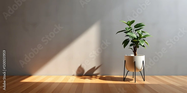 Fototapeta minimalist mockup of a white wall adorned with a vibrant green plant on a polished wood floor,split-color background wall creating a lively and cheerful atmosphere of modern interior design.