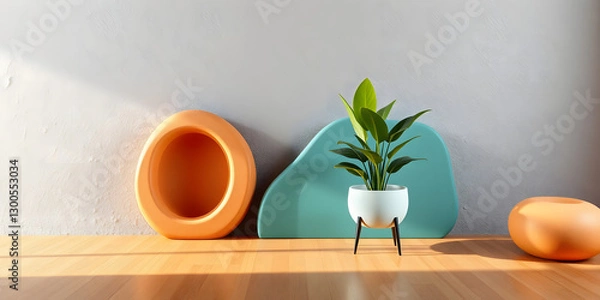 Fototapeta minimalist mockup of a white wall adorned with a vibrant green plant on a polished wood floor,split-color background wall creating a lively and cheerful atmosphere of modern interior design.