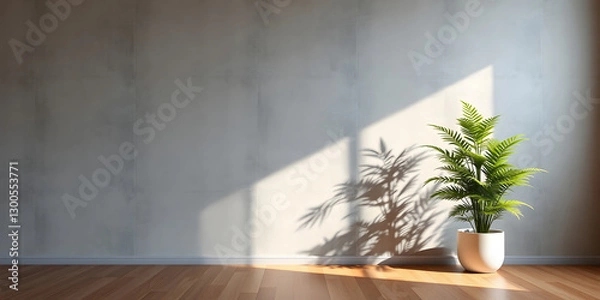 Fototapeta minimalist mockup of a white wall adorned with a vibrant green plant on a polished wood floor,split-color background wall creating a lively and cheerful atmosphere of modern interior design.