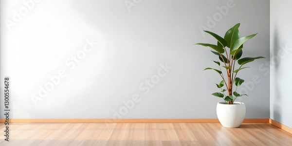 Obraz minimalist mockup of a white wall adorned with a vibrant green plant on a polished wood floor,split-color background wall creating a lively and cheerful atmosphere of modern interior design.