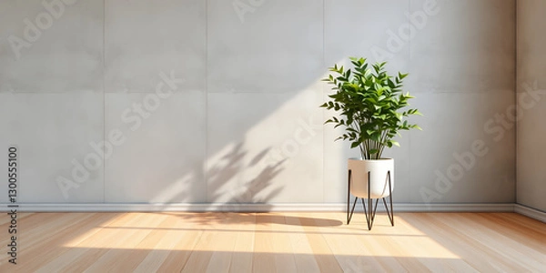 Obraz minimalist mockup of a white wall adorned with a vibrant green plant on a polished wood floor,split-color background wall creating a lively and cheerful atmosphere of modern interior design.