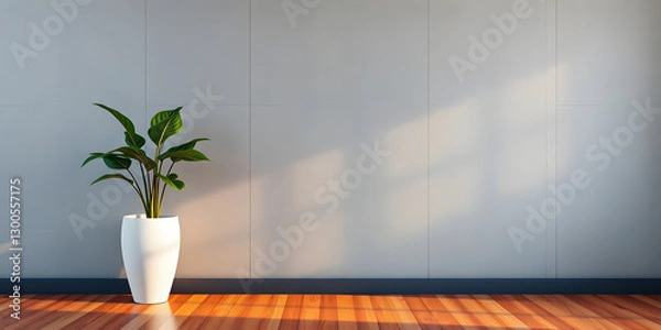 Obraz minimalist mockup of a white wall adorned with a vibrant green plant on a polished wood floor,split-color background wall creating a lively and cheerful atmosphere of modern interior design.