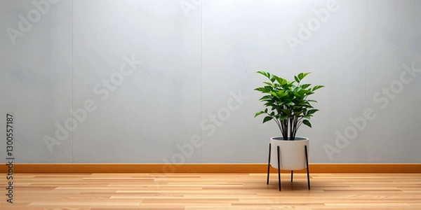Obraz minimalist mockup of a white wall adorned with a vibrant green plant on a polished wood floor,split-color background wall creating a lively and cheerful atmosphere of modern interior design.