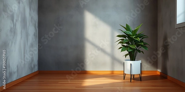 Obraz minimalist mockup of a white wall adorned with a vibrant green plant on a polished wood floor,split-color background wall creating a lively and cheerful atmosphere of modern interior design.