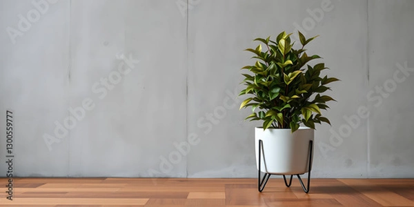 Fototapeta minimalist mockup of a white wall adorned with a vibrant green plant on a polished wood floor,split-color background wall creating a lively and cheerful atmosphere of modern interior design.