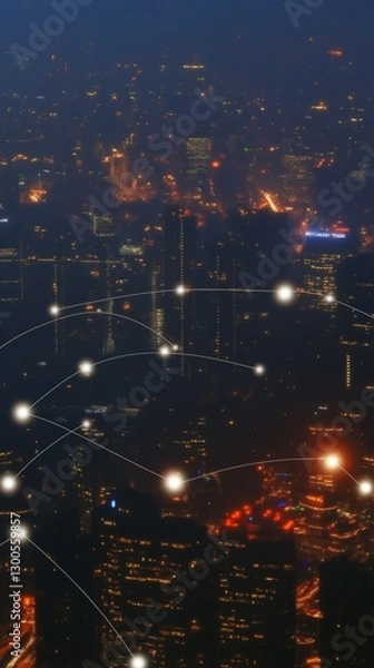 Fototapeta Blurred cityscape with glowing network of starry lights