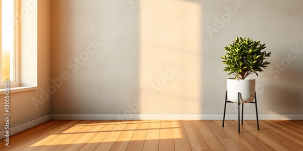 Obraz minimalist mockup of a white wall adorned with a vibrant green plant on a polished wood floor,split-color background wall creating a lively and cheerful atmosphere of modern interior design.