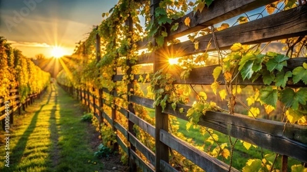 Fototapeta Golden Hour Vines A Rustic Wooden Fence Bathed in Sunlight's Embrace, Vines Cascading and Leaves Glowing