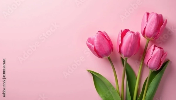 Fototapeta Pink tulips with subtle shading on a light pink background, garden, pastel, delicate
