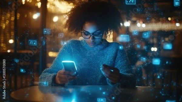 Fototapeta The image features a young professional sitting at a cafÃƒÂ© table intently swiping through their smartphone. Dynamic digital overlays of social media feeds and messaging alerts surround