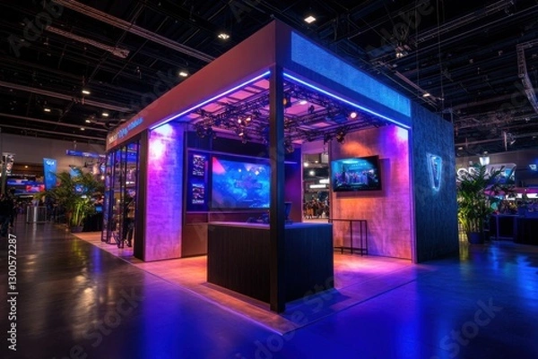 Fototapeta Booth area preparation in behind the scenes style with setup lighting and ceiling space