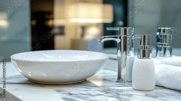 Obraz Modern Bathroom Sink with Chrome Faucet and Soap Dispensers