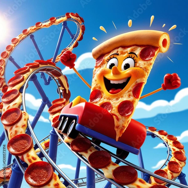 Fototapeta A pizza slice riding a roller coaster made of pepperoni and cheese._The pizza slice laughs and cheers, its crust glowing with excitement