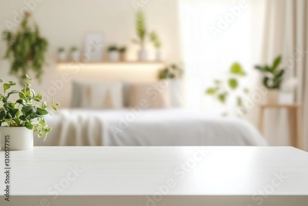 Obraz Sleek white rectangular wooden table with even lighting and blurred modern bedroom background featuring neatly made bed and bedside tables
