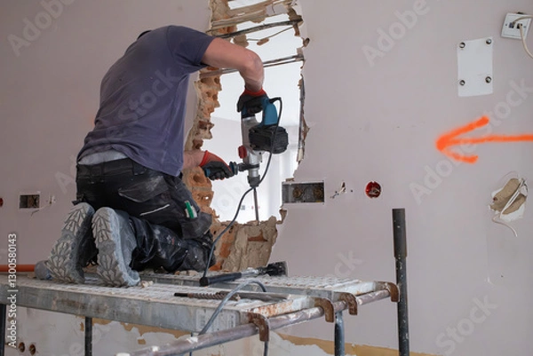 Fototapeta A construction worker on scaffolding demolishes a wall in a building with a hammer drill.