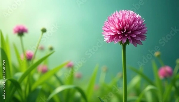 Fototapeta Tall, green stem with a few large, globe-shaped flowers in the background, giant allium, foliage