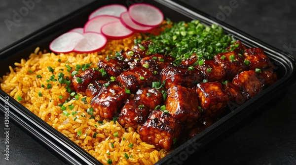Fototapeta A sleek black meal tray showcasing golden saffron rice, honey-glazed tempeh cubes with a caramelized crust, garnished with finely chopped green onions