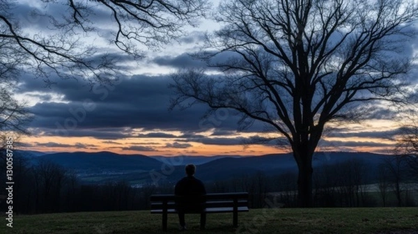 Fototapeta Solitary teenager sitting on park bench gazing at distant sunset, surrounded by empty space, symbolizing isolation and introspection. Youthful reflection and emotional solitude concept.	