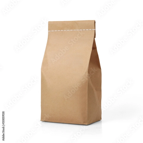 Fototapeta Brown craft paper bag packaging template with stitch sewing isolated on white background. Packaging template mockup collection. With clipping Path included. Stand-up pouch Front view package