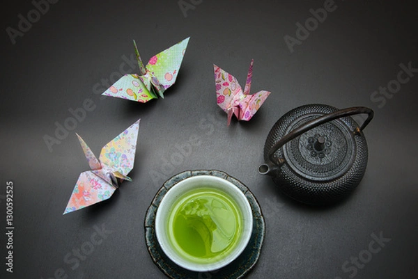 Fototapeta 南部鉄器で作られた急須と茶碗に注がれた緑茶