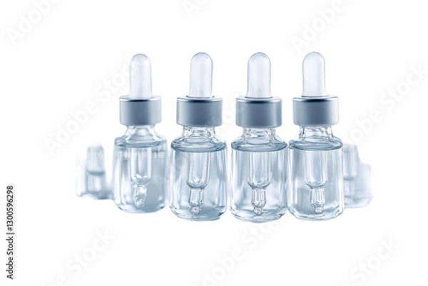 Fototapeta Group of glass dropper bottles with transparent liquid isolated on a transparent background. The bottles are filled with clear liquid