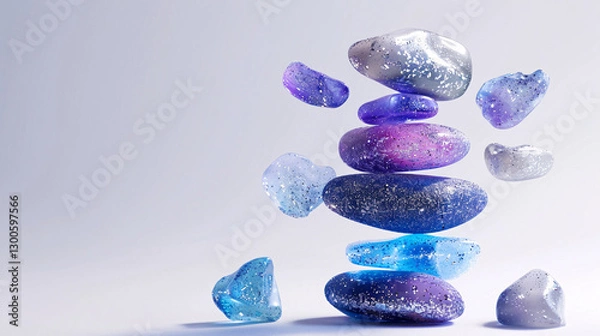 Fototapeta A surreal image of a stack of blue, purple, and silver rocks floating in midair, symbolizing balance and harmony.