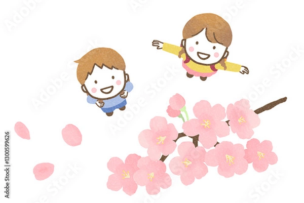 Obraz 桜の花を見上げる子どもたち