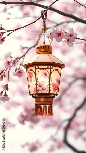 Fototapeta "A delicate, traditional lantern adorned with intricate cherry blossom designs hangs gracefully from a branch of a blooming sakura tree. The lantern emits a soft, warm glow...