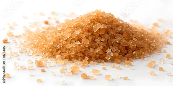Fototapeta Large crystals of brown sugar scattered on a white surface. The crystals glisten under the light, creating a contrast between golden and amber tones.