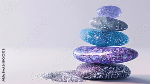 Fototapeta A surreal image of a stack of blue, purple, and silver rocks floating in midair, symbolizing balance and harmony.